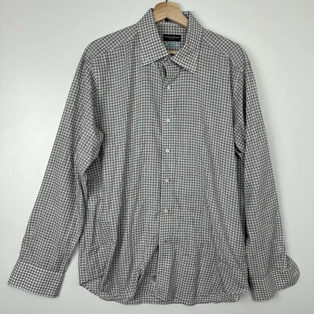 Peter Millar Collection Shirt Mens Large Gray Solid Summer Chambray‎ Button Down